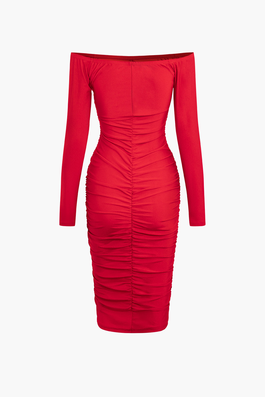 Off The Shoulder Ruched Long Sleeve Midi Dress