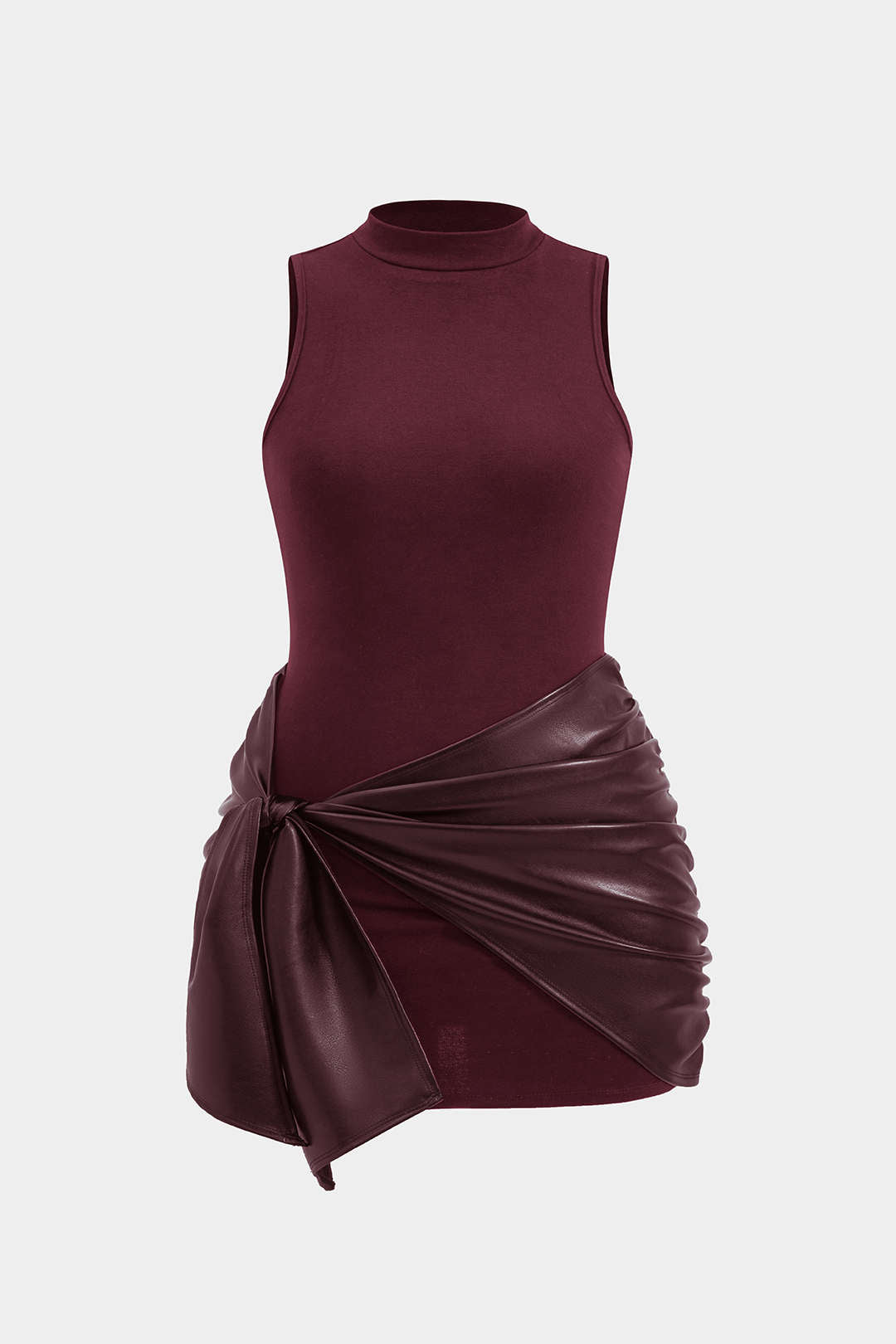 Plus Size Faux Leather Patchwork Tie Front Sleeveless Mini Dress