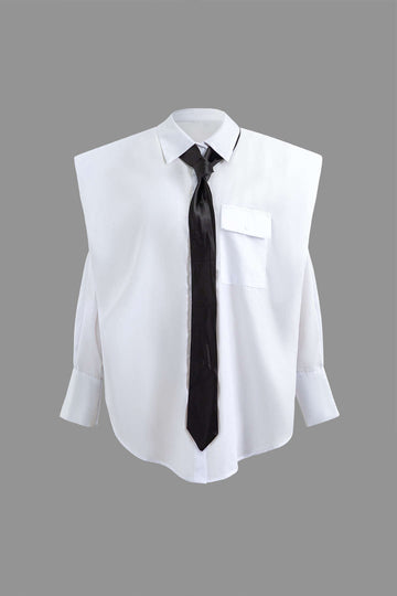 Button Up Chest Pocket Long Sleeve Shirt With Necktie