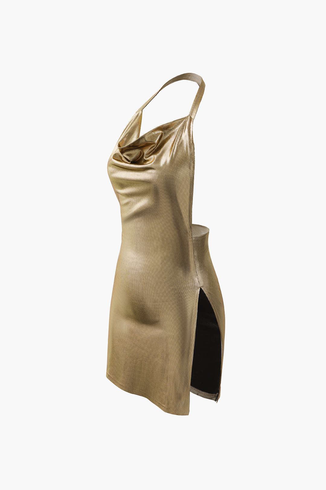 Metallic Halter Backless Slit Mini Dress