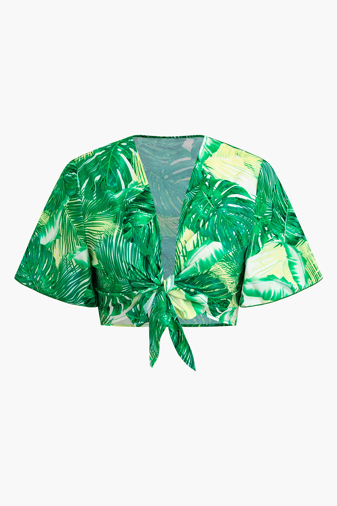 Leaf Print Tie Front Crop Top and Elastic Waist Shorts Set
