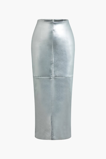 Metallic High Waisted Slit Midi Skirt