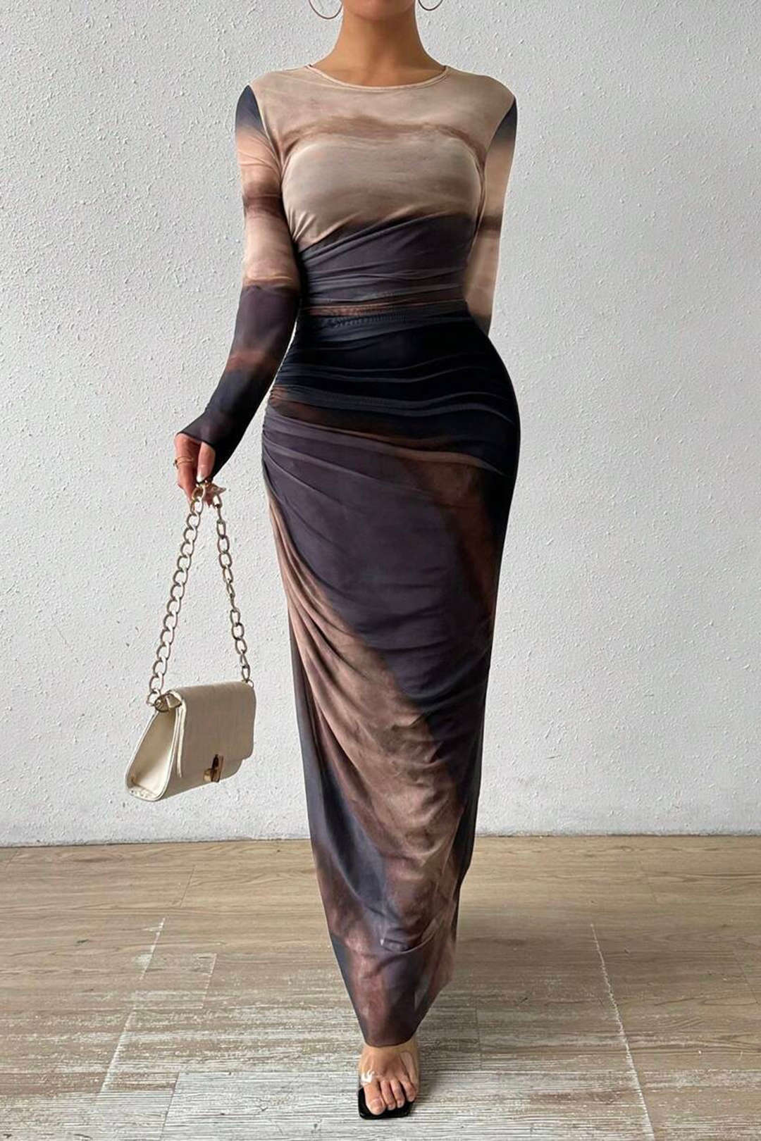 Tie-Dye Print Mesh Ruched Long Sleeve Maxi Dress