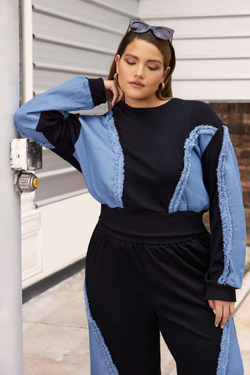 Patchwork plus taille de taille plus à manches longues et à taille haute les pantalons à jambe large de taille haute