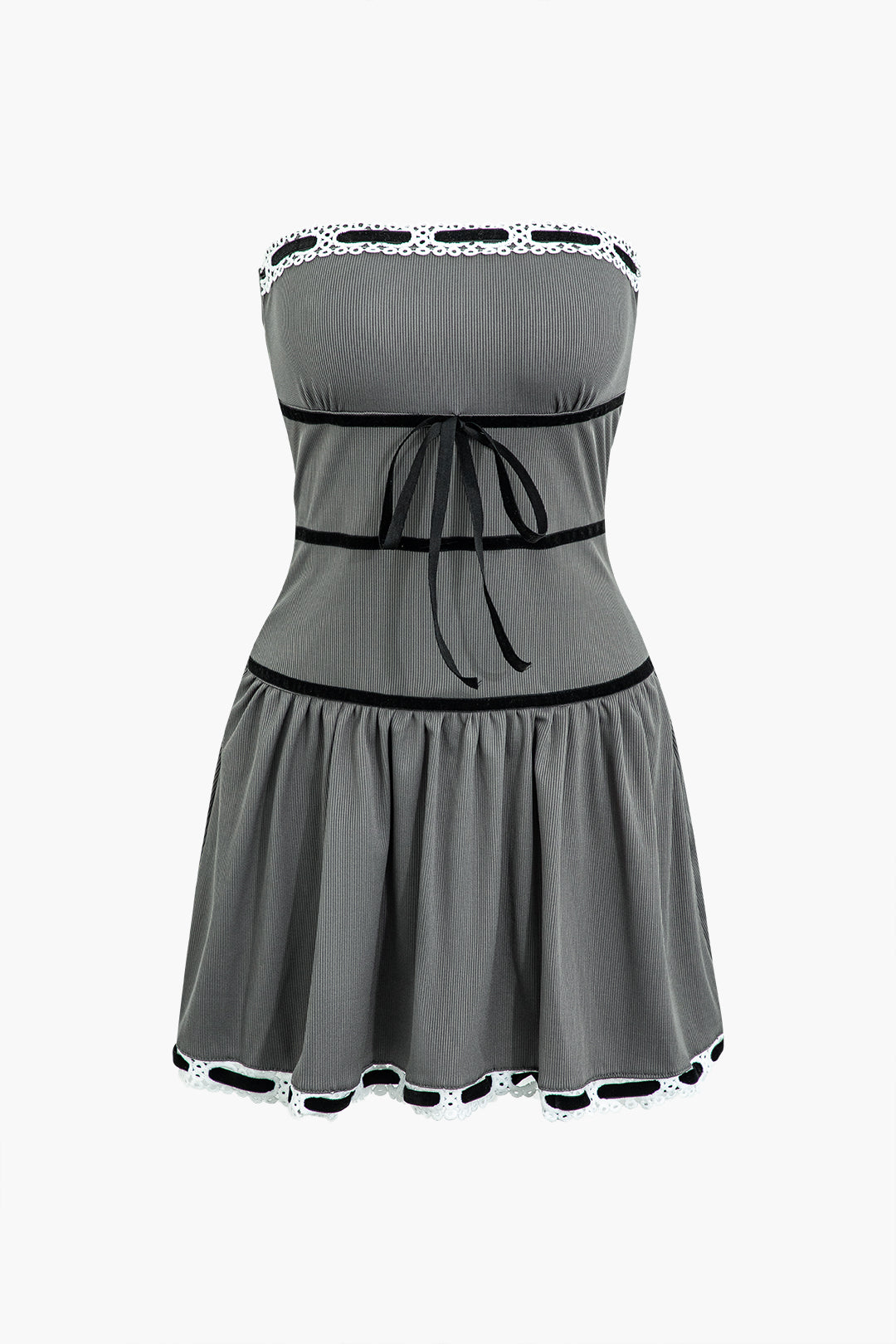 Lace Trim Tie Front Strapless Pleated Mini Dress