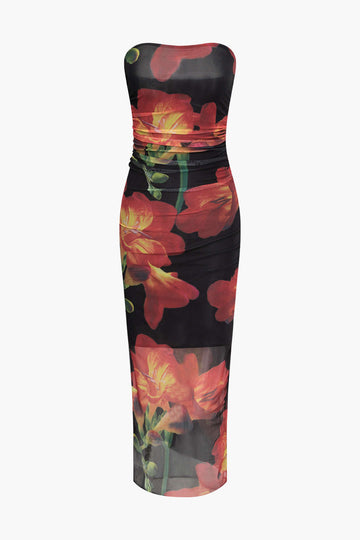 Floral Strapless Ruched Mesh Maxi Dress