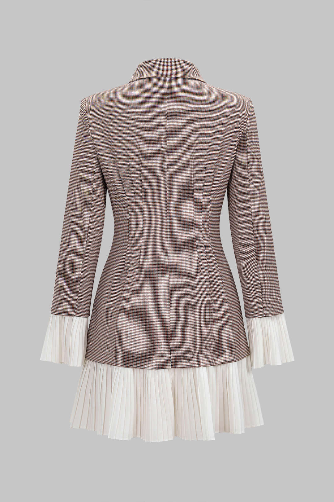 Houndstooth Print Patchwork Notched Lapel Pleated Hem Long Sleeve Mini Dress