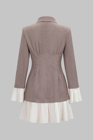 Houndstooth Print Patchwork Notched Lapel Pleated Hem Long Sleeve Mini Dress
