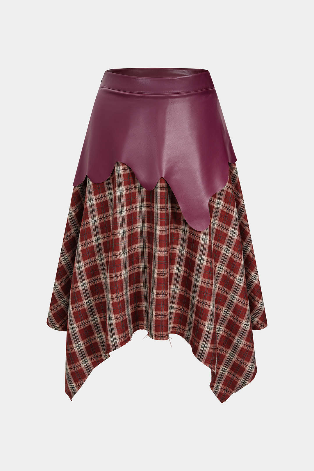 Plus Size Plaid Print Faux Leather Zipper Patchwork Skirt
