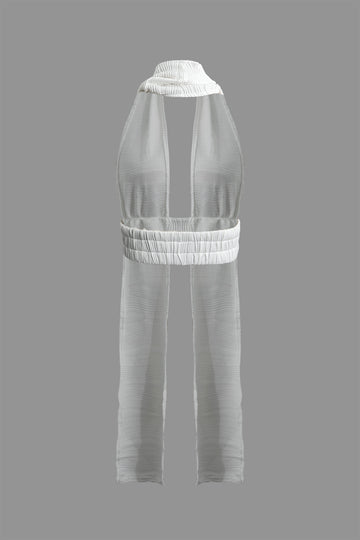 Textured Backless Halter V-Neck Shorts Set