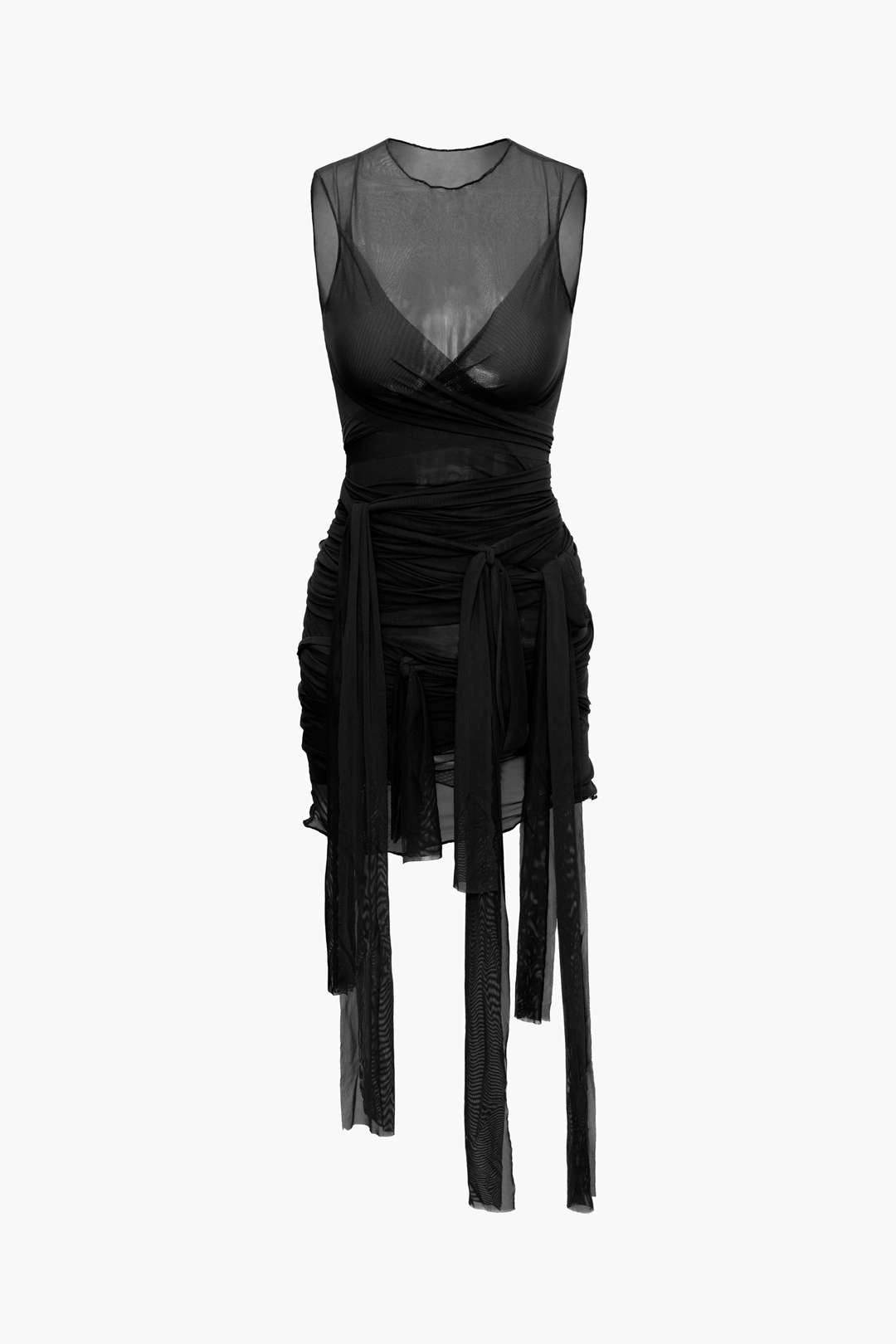 Sheer Mesh Wrap Tie Ribbon Mini Dress Micas Sheer Mesh Wrap Tie Ribbon Mini Dress Micas