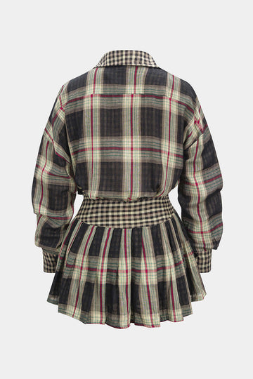 Plaid Print Button Long-Sleeve Shirt And Mini Skirt Set