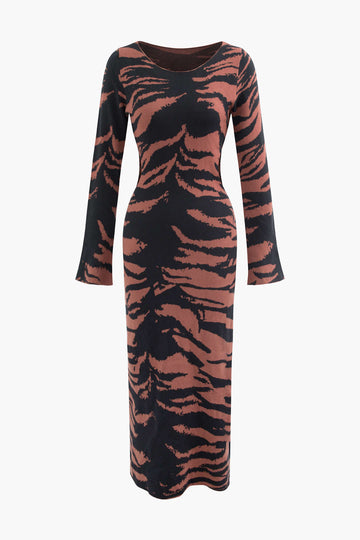Tiger Print Round Neck Side Cut Out Knit Maxi Dress