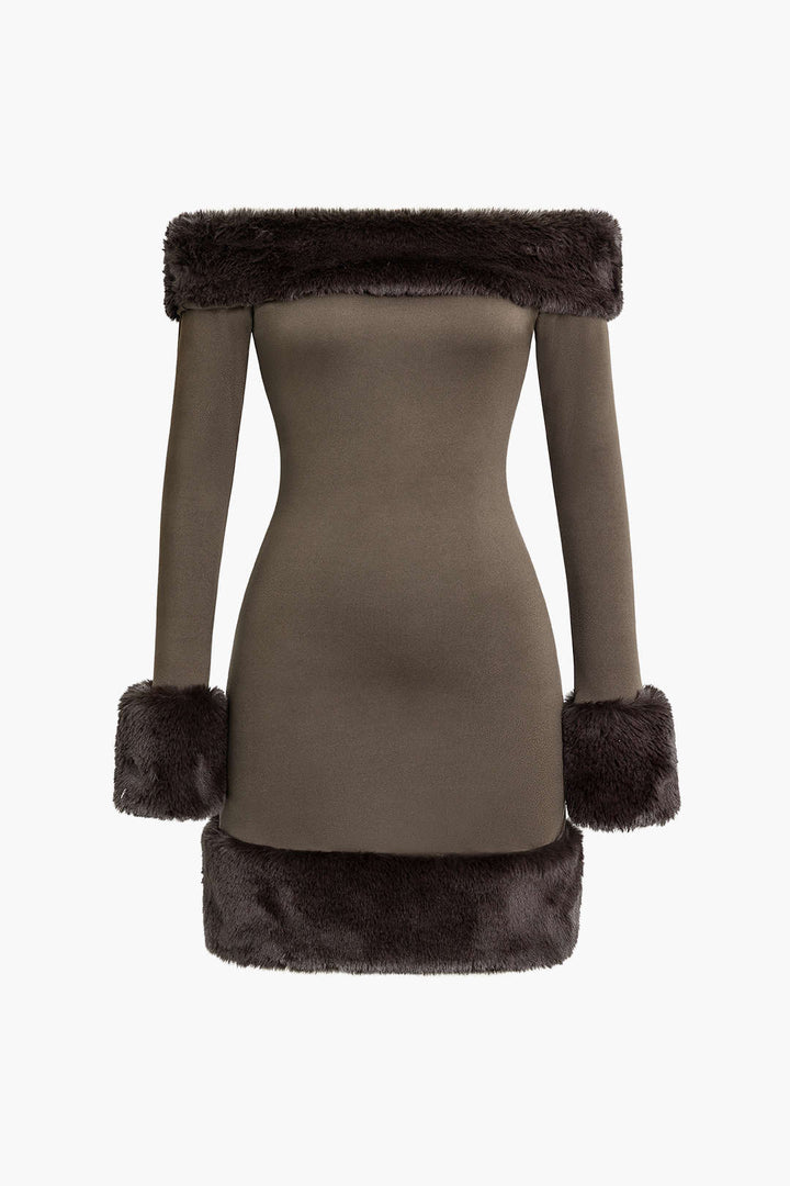 Faux Fur Trim Off Shoulder Midi Dress Micas Faux Fur Trim Off Shoulder Midi Dress Micas