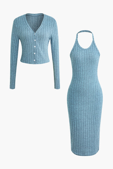 Ribbed Cardigan And Halter Dress Set