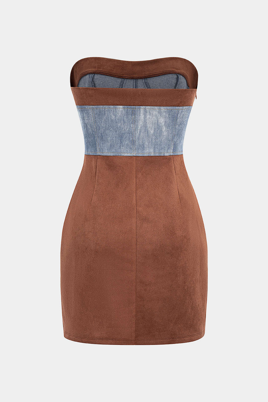 Suede Denim Patchwork Strapless Sleeveless Mini Dress