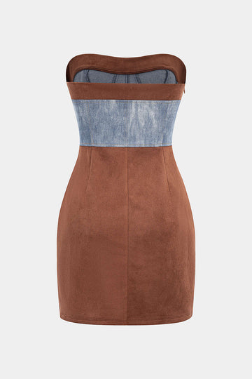 Suede Denim Patchwork Strapless Sleeveless Mini Dress