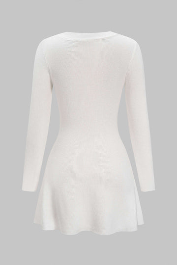 Knit Metallic Button V-Neck Long Sleeve Dress