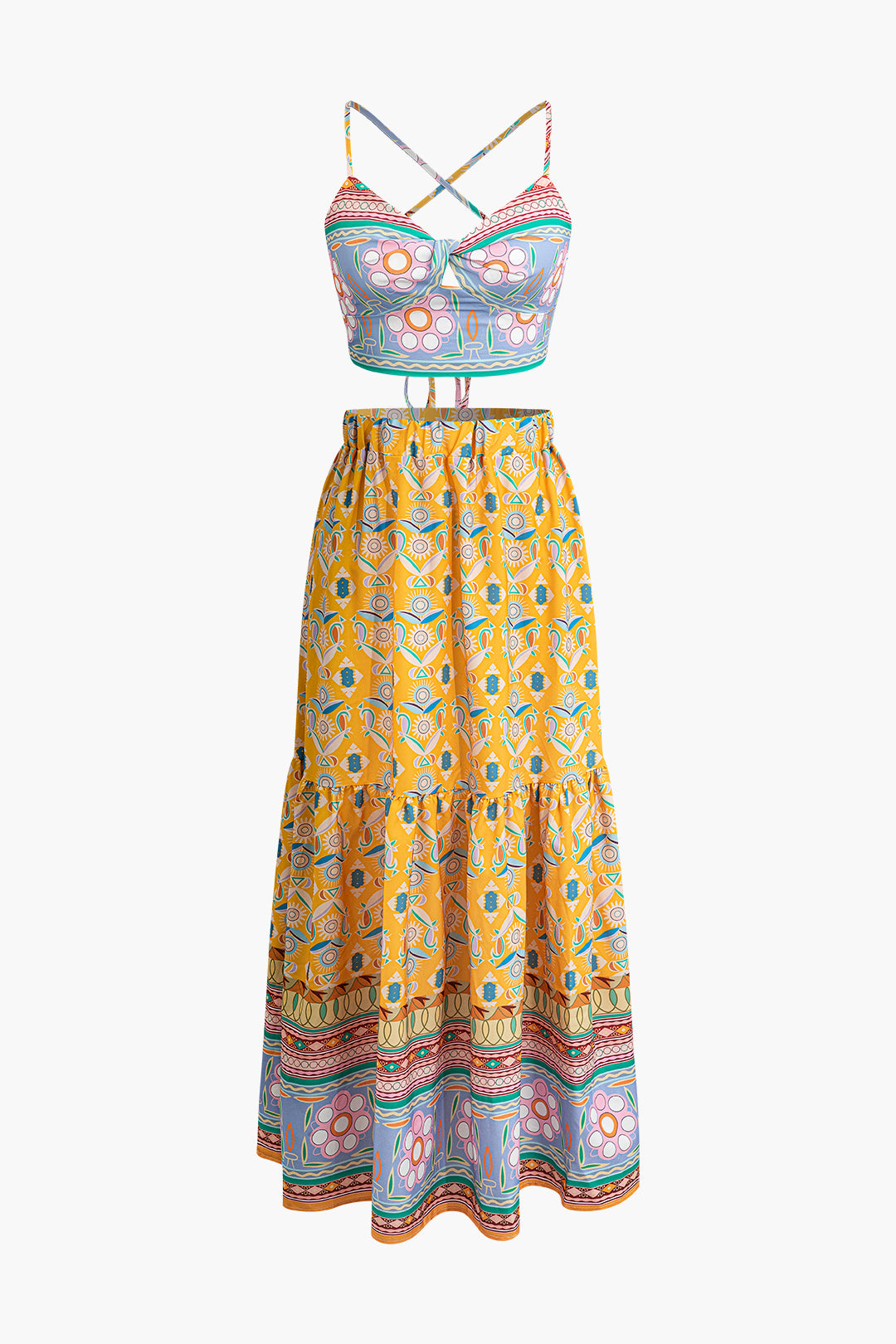 Abstract Floral Print Crisscross Crop Top And Maxi Skirt Set