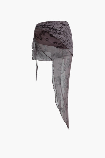 Floral Print Mesh Layer Drawstring Asymmetrical Mini Skirt