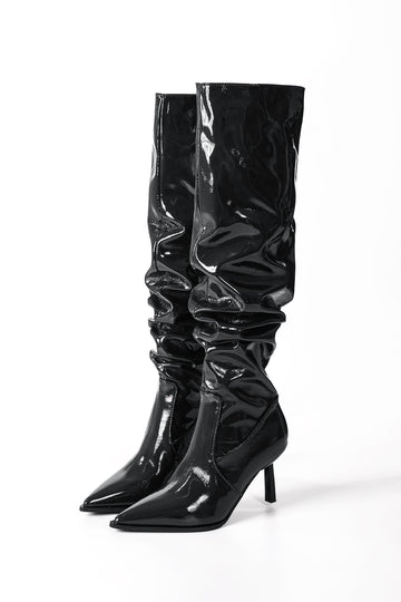 Faux Leather Ruched Pointed Toe Knee High Boots