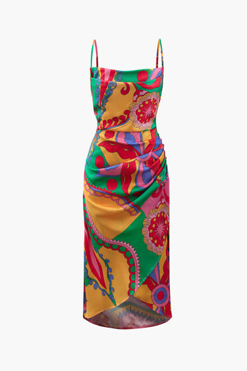 Printed Ruched Wrap Midi Dress
