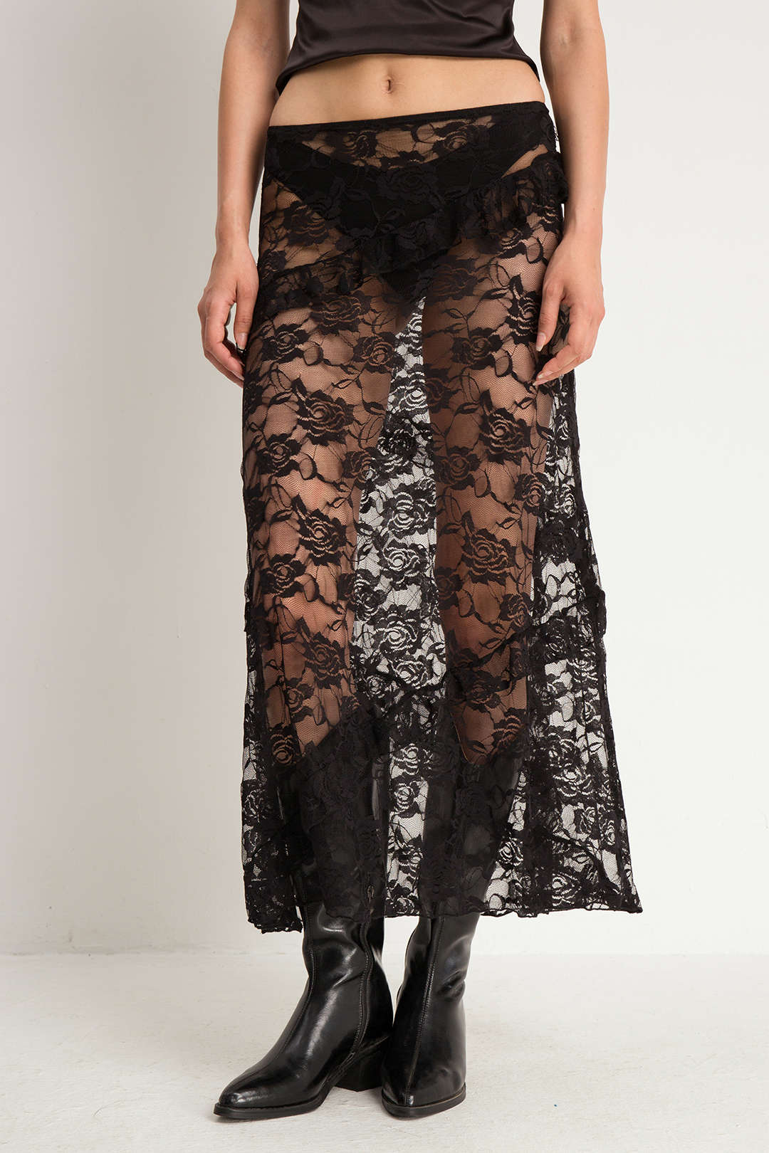 Floral Lace Sheer Frill Detail Maxi Skirt