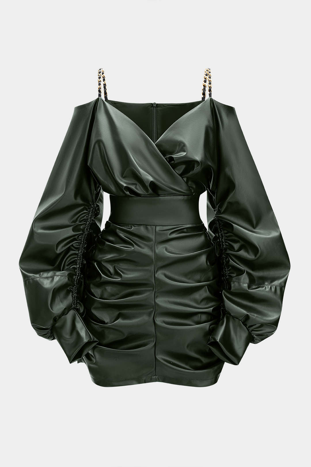 Faux Leather Metallic Chain Crossed Ruched Long Sleeve Mini Dress