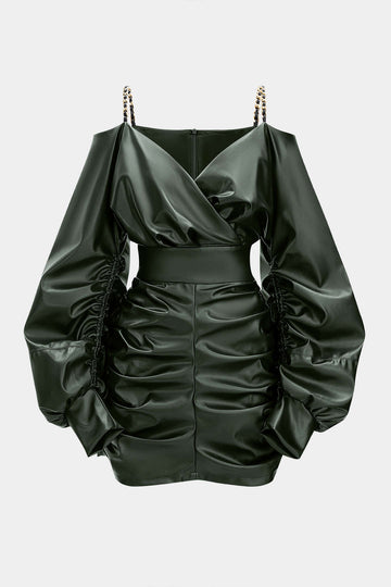 Faux Leather Metallic Chain Crossed Ruched Long Sleeve Mini Dress