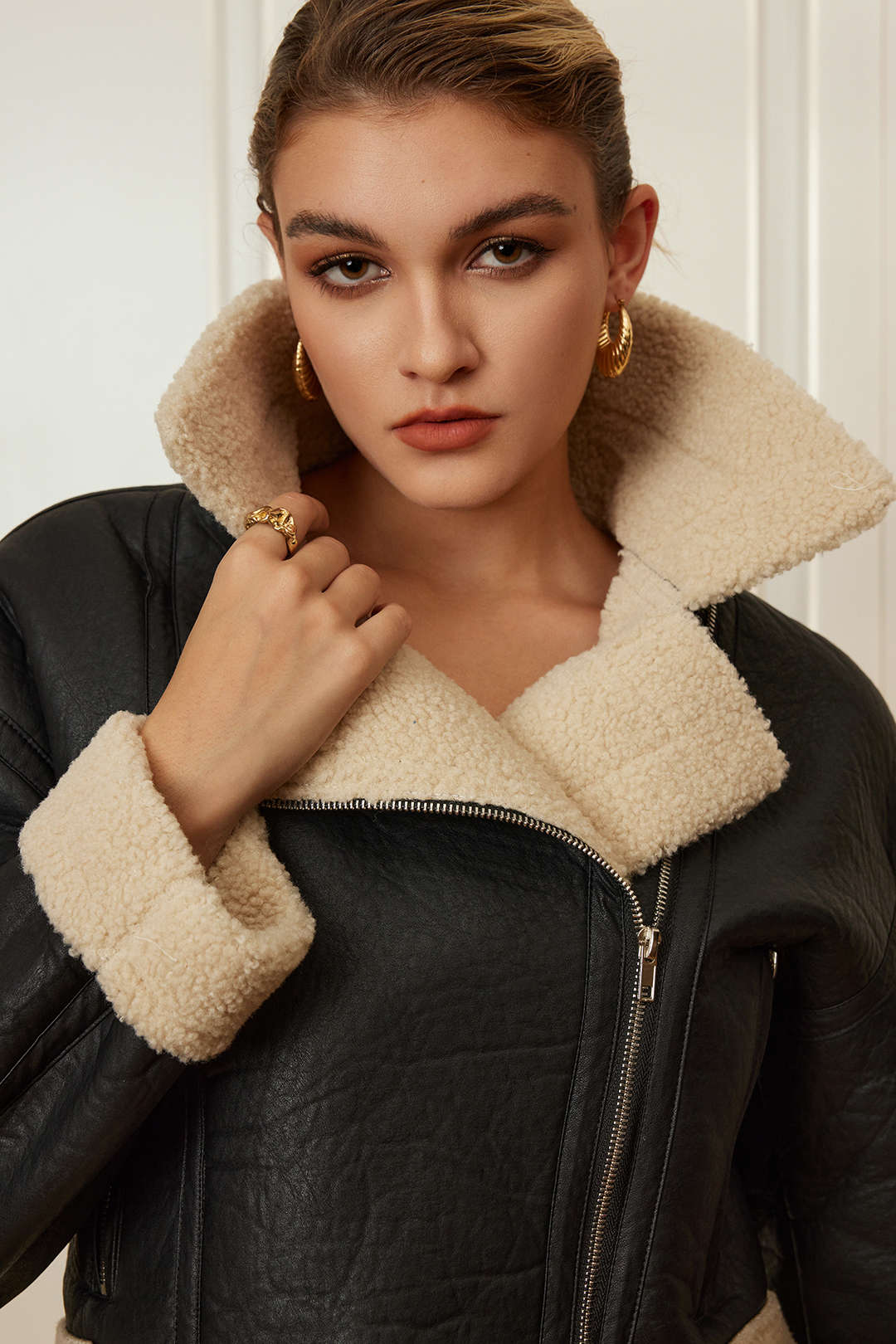 Basic Solid Faux Leather Fleece Jacket