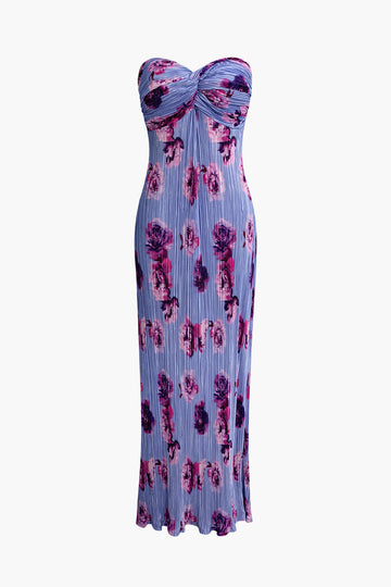 Abstract Print Plisse Strapless Maxi Dress