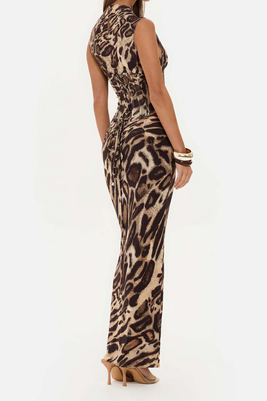 Leopard Print Mock Neck Tie Back Corset Sleeveless Maxi Dress