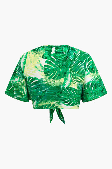 Leaf Print Tie Front Crop Top and Elastic Waist Shorts Set