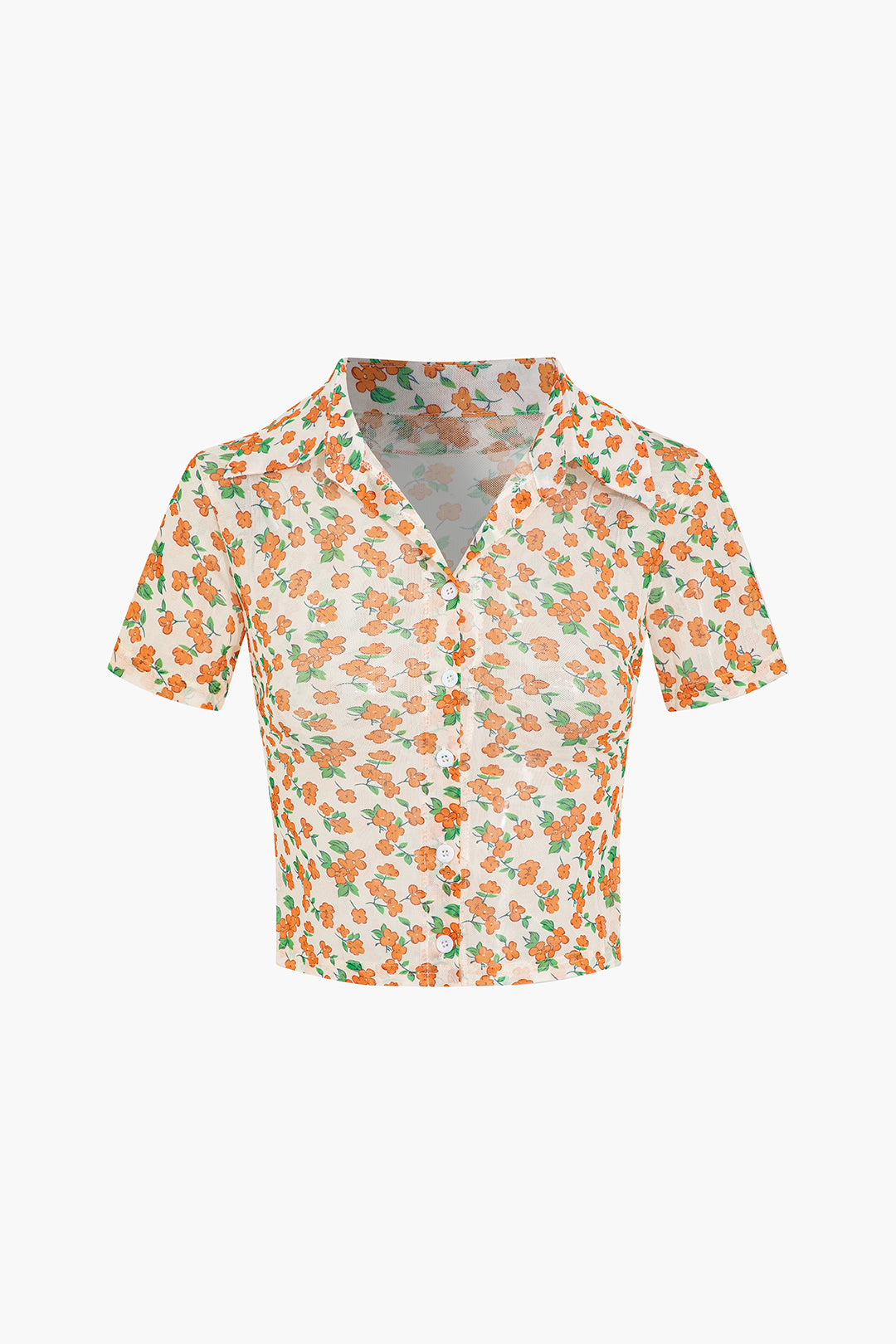 Floral Print Mesh Crop Short Sleeve Shirt