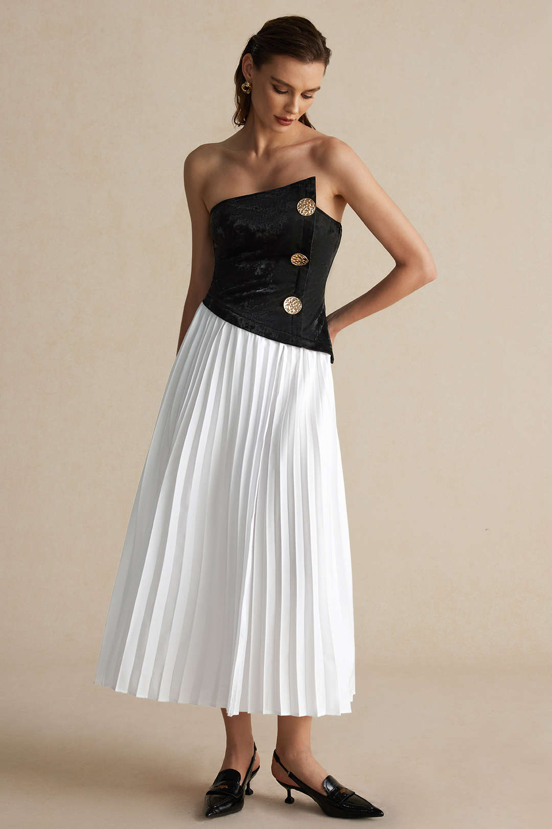 Solid Patchwork Pleated Asymmetrical Maxi Dress