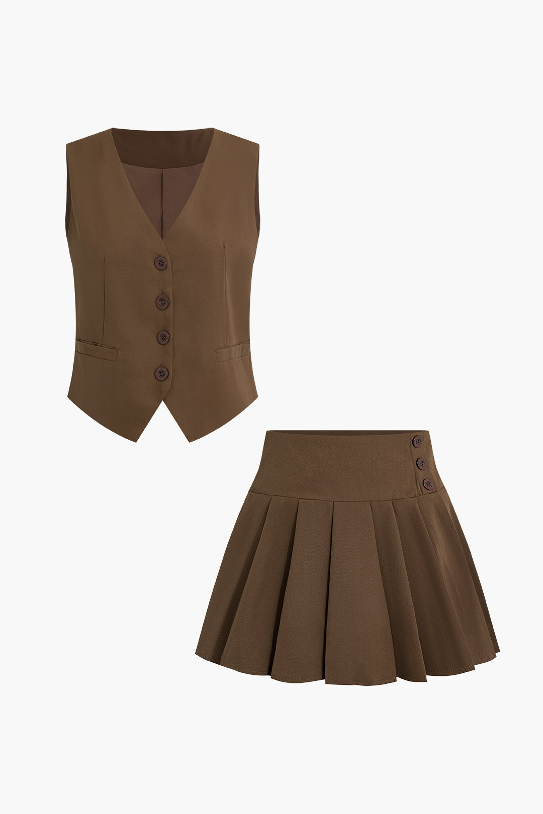 Button Up Vest And Pleated Skirt Sets