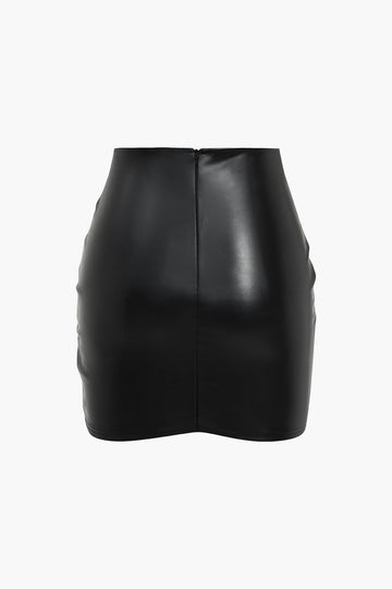 Solid Faux Leather Ruched Skirt