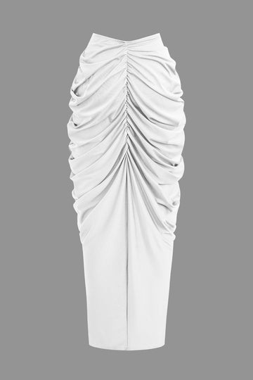 V-neck Ruched Top And V-shape Cut Waist Maxi Skirt Set