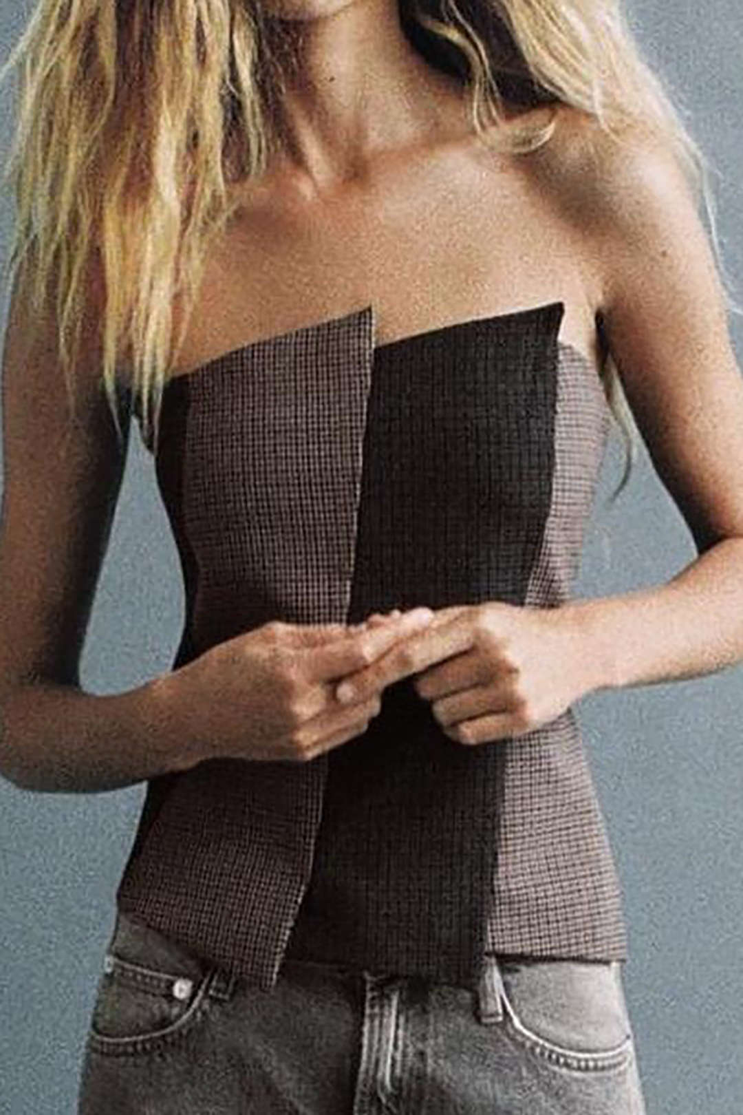 Asymmetrical Patchwork Houndstooth Tube Top