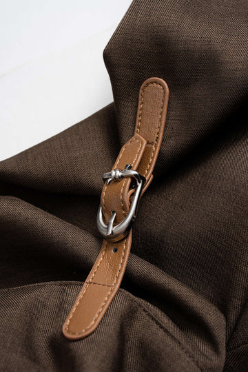 Ruched Button V-Neck Long Sleeve Midi Dress