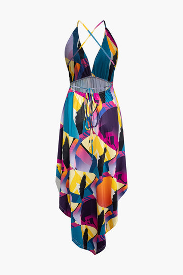 Geometric Print Crisscross Backless V-neck Maxi Dress