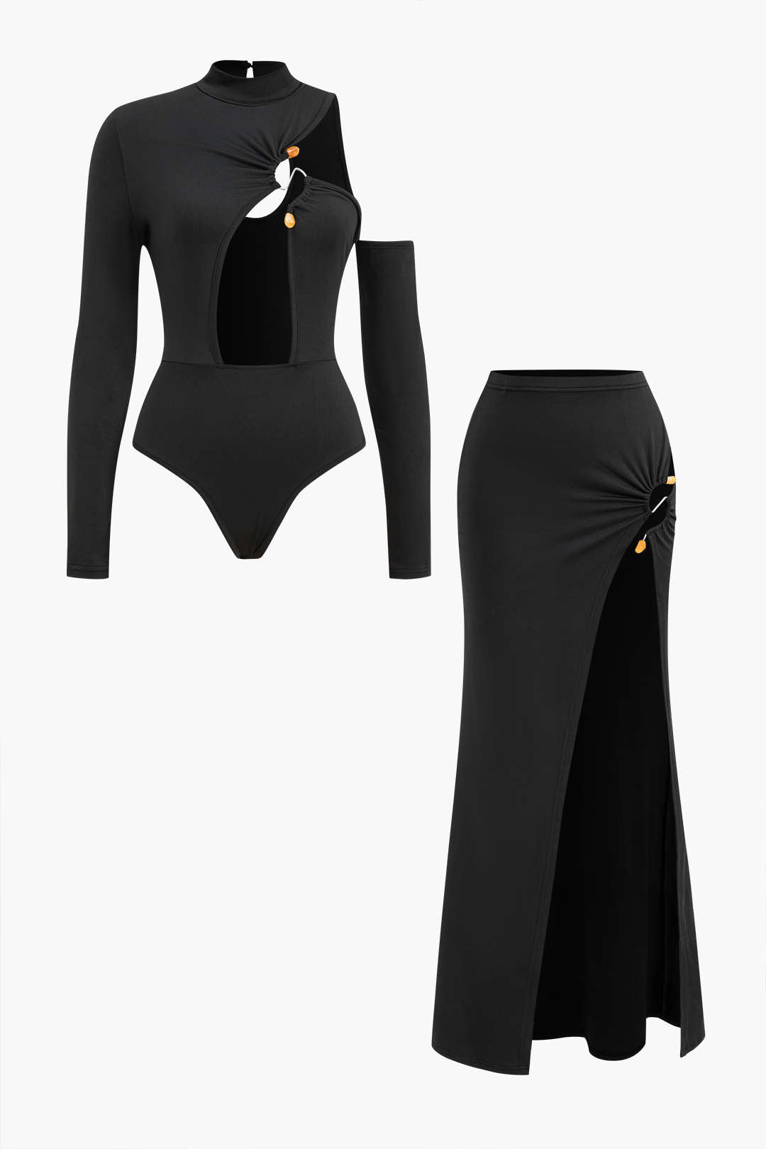 Cutout bodysuit och hög-slit kjoluppsättning