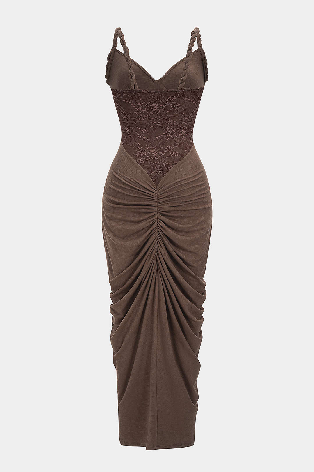 Lace Patchwork Ruched Twist Knot Slip Sleeveless Maxi Dress