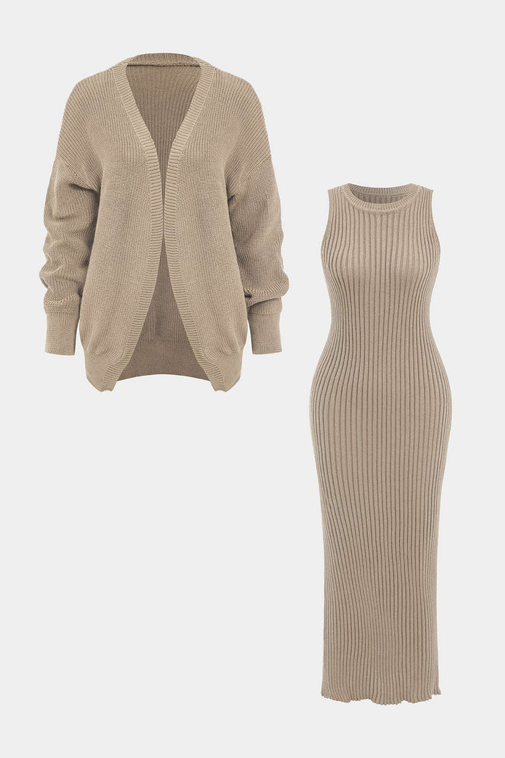 open lace back dress Ribbed Knit Dress And Cardigan Set – Micas