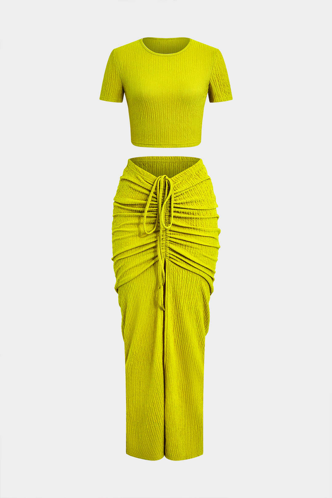 Textured Crop Top And Drawstring Ruched Skirt Set