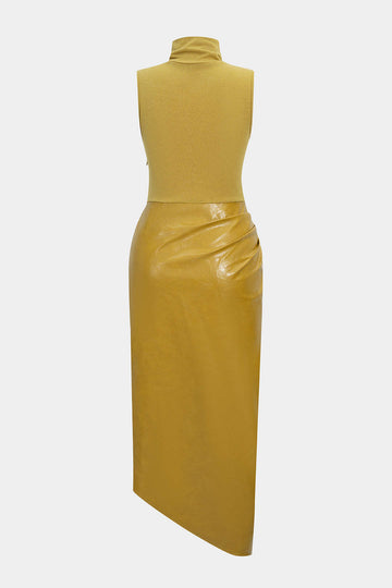 Faux Leather Patchwork High Neck Pleated Sleeveless Maxi Dress