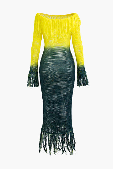 Ombre Off Shoulder Fringe Trim Knit Maxi Dress