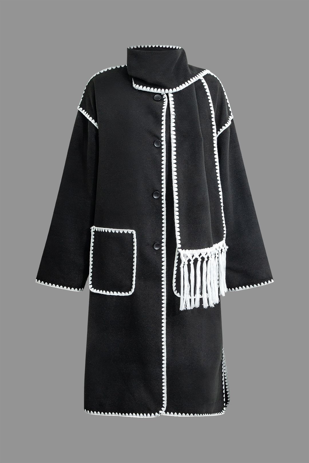 Contrast Trim Patch Pocket Button Coat With Tassel Scarf