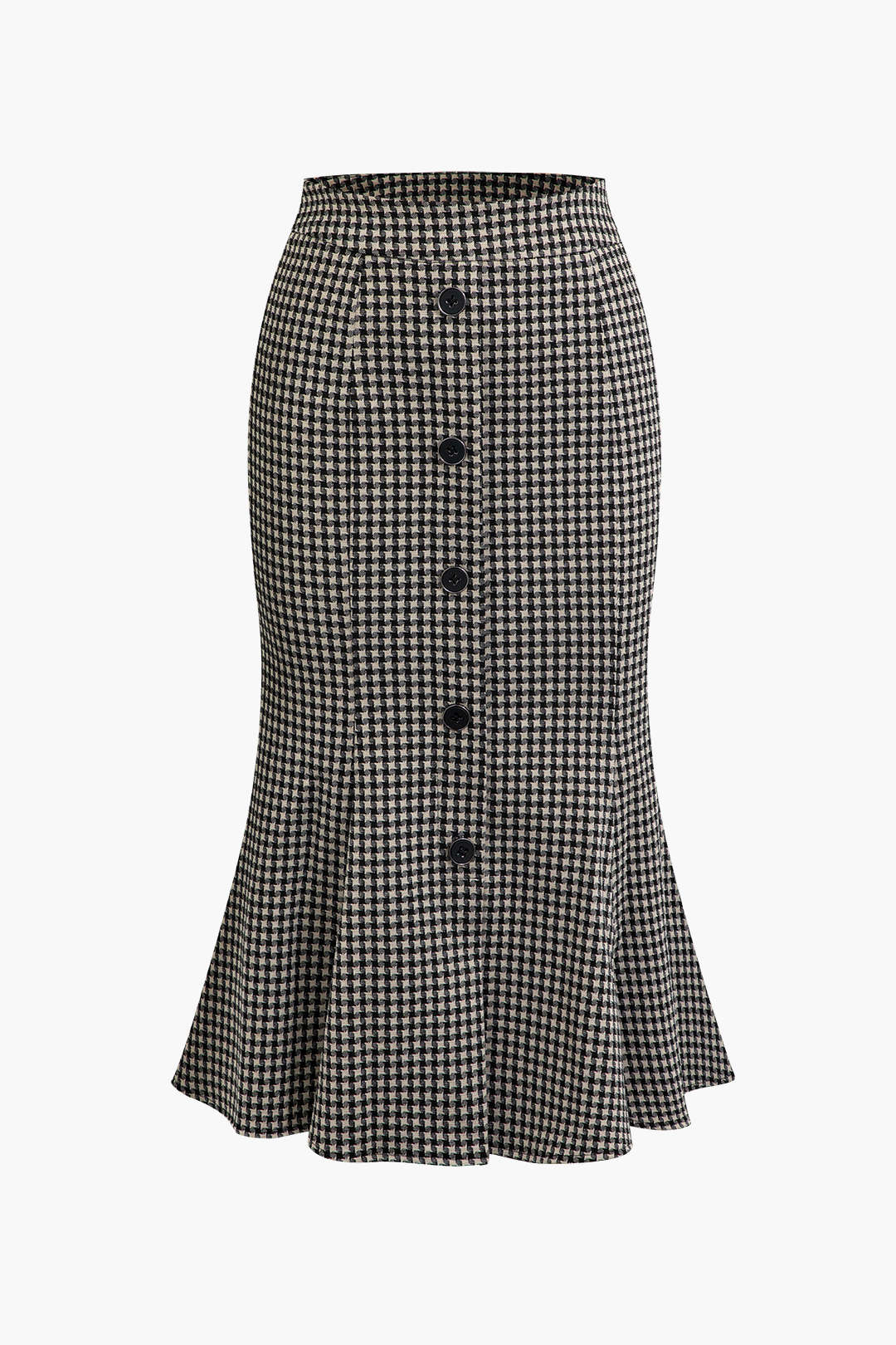 Houndstooth Button Front Mermaid Midi Skirt