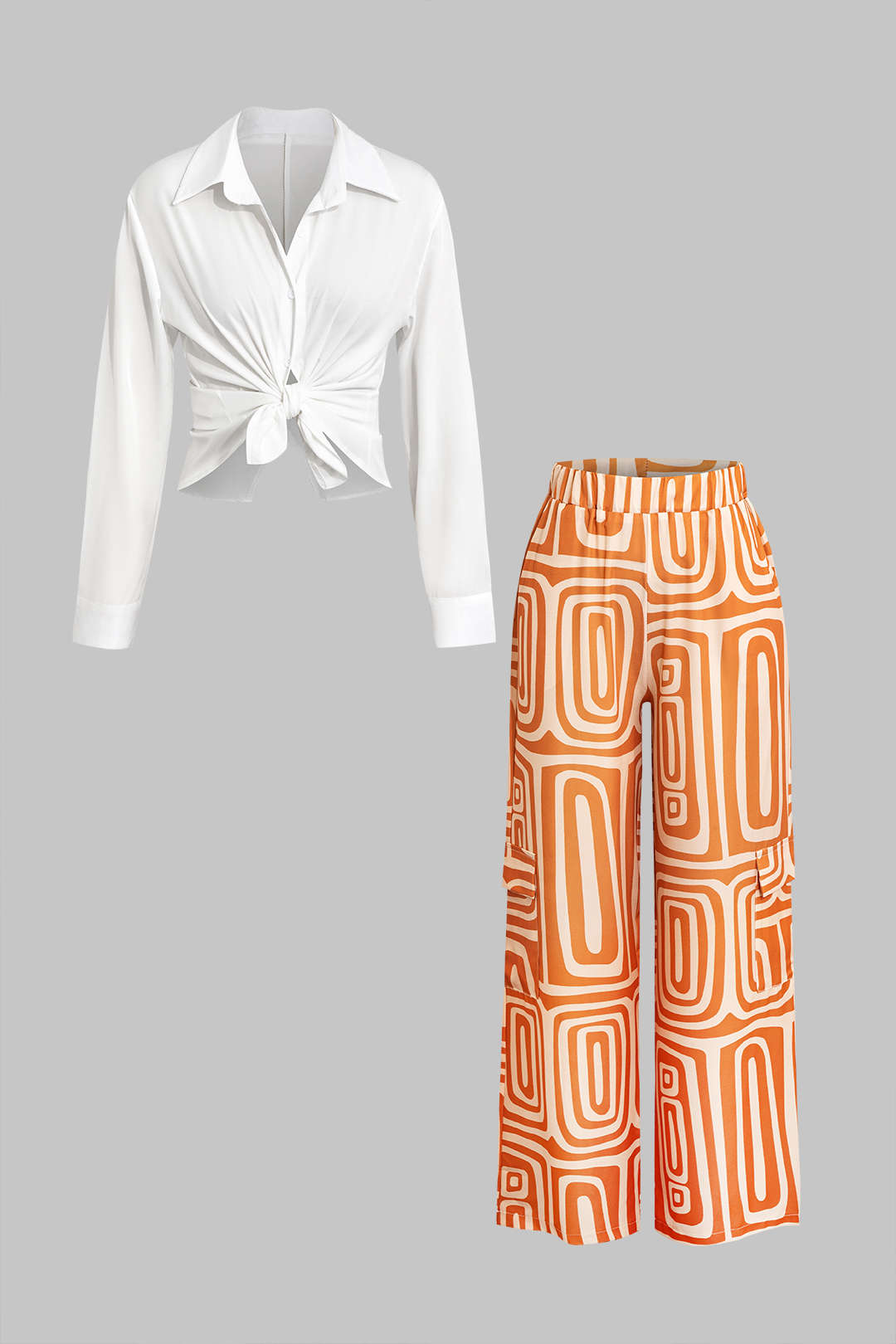 Solid Knot Shirt And Artistic Print Pants Set